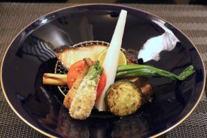 銀ダラ西京焼き、鴨ロース、春野菜